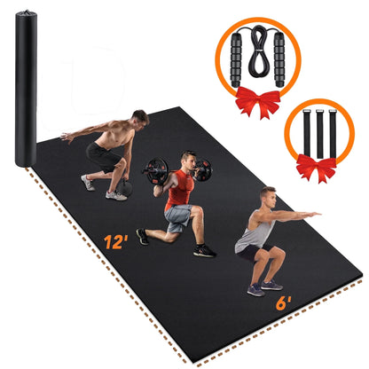 12'X6' Black Gym Mat, Thick Large Exercise Yoga Mat for Men and Women Aerobics, Skipping Rope, Gym Equipment - Perfect for Home and Gym Workouts